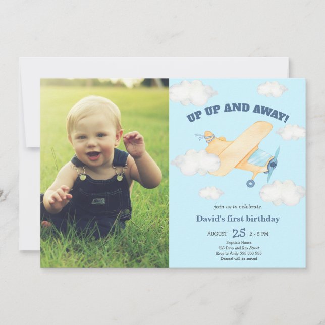 Up Up & Away 1st Boy Birthday Aeroplane Photo Invitation (Front)