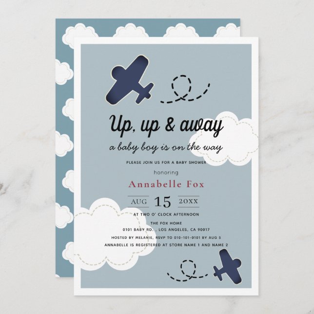 Up Up & Away Aeroplane Blue Boy Baby Shower Invitation (Front/Back)