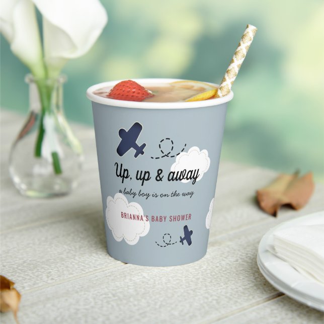 Up Up & Away Aeroplane Blue Boy Baby Shower Paper Cups (Insitu)