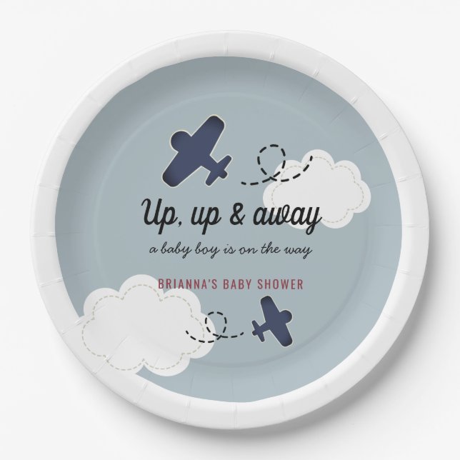 Up Up & Away Aeroplane Blue Boy Baby Shower Paper Plate (Front)