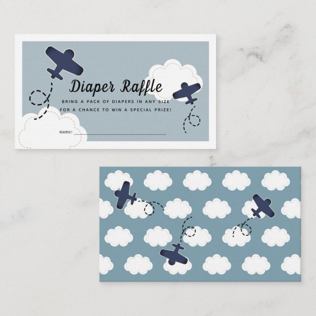 Up Up & Away Aeroplane Blue Diaper Raffle Ticket Enclosure Card (Front/Back)