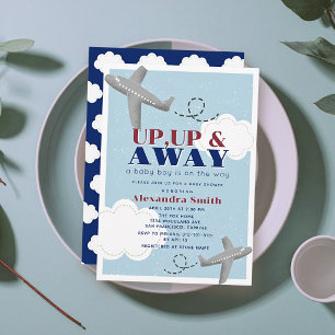 Up Up & Away Aeroplanes Clouds Blue Boy Baby Showe Invitation