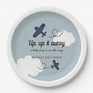 Up Up & Away Airplane Blue Boy Baby Shower Paper Plate