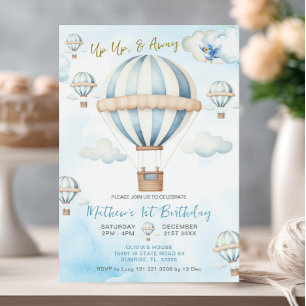 Up Up & Away Blue Hot Air Balloon Boy 1st Birthday Invitation