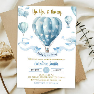 Up Up & Away Blue Hot Air Balloon Boy Baby Shower Invitation