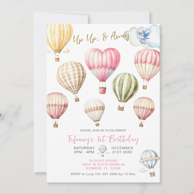 Up Up & Away Hot Air Balloons Girl 1st Birthday Invitation (Front)