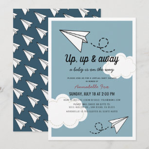 Up Up & Away Paper Plane Blue Virtual Baby Shower Invitation