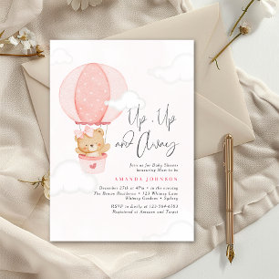 Up,Up & Away Pink Bear Hot air Balloon Baby Shower Invitation