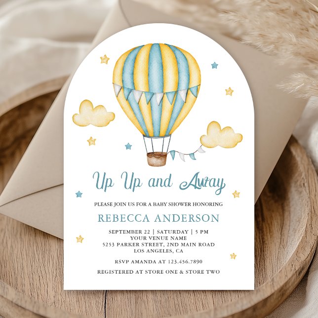 Up Up Away Yellow Blue Hot Air Balloon Baby Shower Invitation (Creator Uploaded)