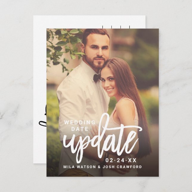 Update Brushed Script Wedding Photo Save the Date Announcement Postcard (Front/Back)
