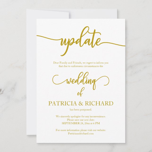 Update Postponed Wedding Announcement Gold Script (Front)