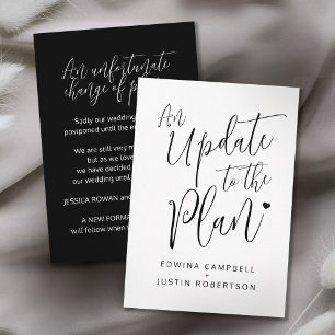 Update to plan black white heart wedding cancelled enclosure card