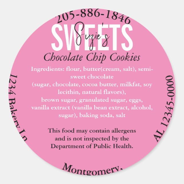 Updated ALABAMA State Cottage Law Ingredient Label (Front)