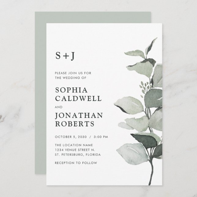 Updated Eucalyptus QR Code Sage Monogram Wedding Invitation (Front/Back)