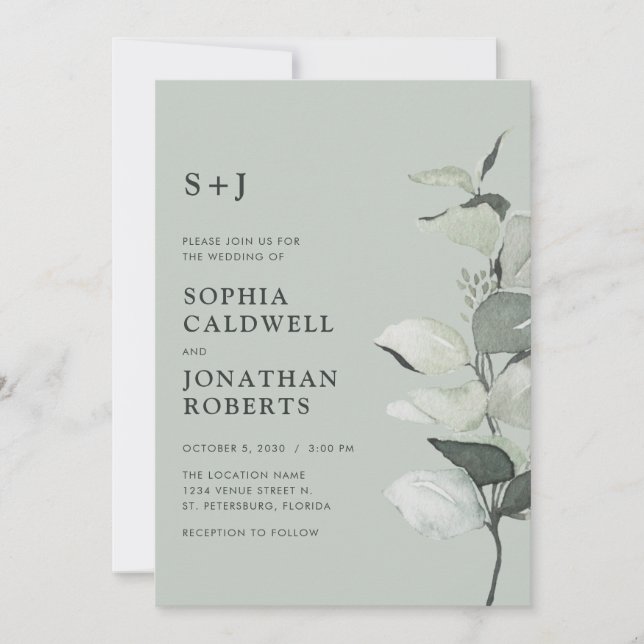 Updated Eucalyptus QR Code Sage Monogram Wedding Invitation (Front)