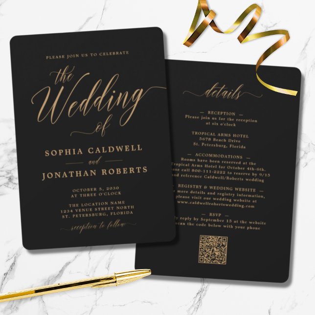 Updated Gold Calligraphy All in One Black Wedding Invitation (Creator Uploaded)