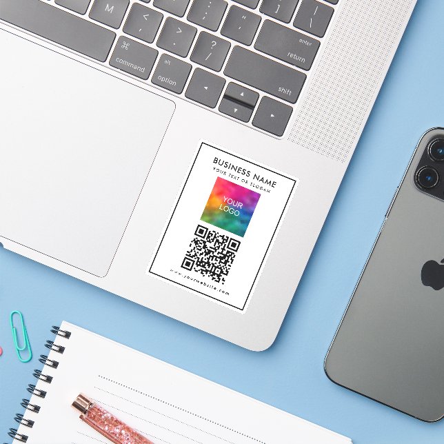 Upload Business Logo Add Text QR Code Template (Laptop w/ iPhone)