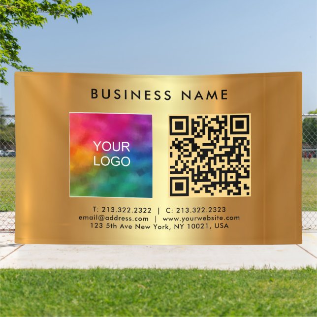 Upload Business Logo Custom QR Code Gold Outdoor Banner (Outside)