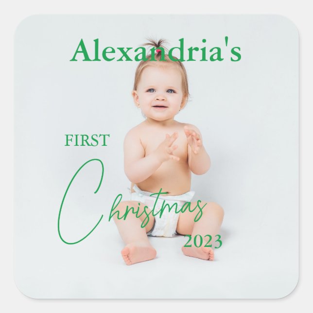 Upload Child's Photo First Christmas Square Sticker (Front)