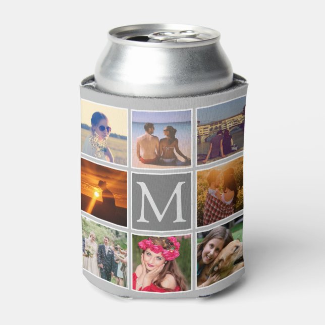 Upload eight  photo monogrammed grey background can cooler (Can Front)