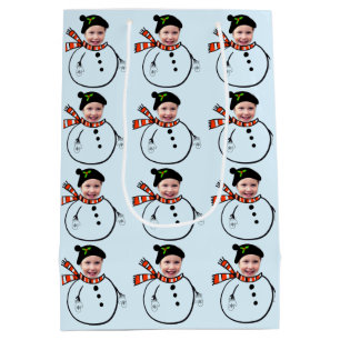 Upload Face Photo Cute Holiday Snowman Christmas Medium Gift Bag