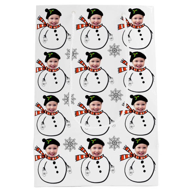 Upload Face Photo Cute Snowman and Snowflakes Medium Gift Bag (Back)