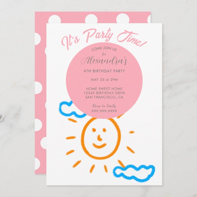 Upload Kids Own Drawing Art Girl Pink Birthday Invitation (Front/Back)