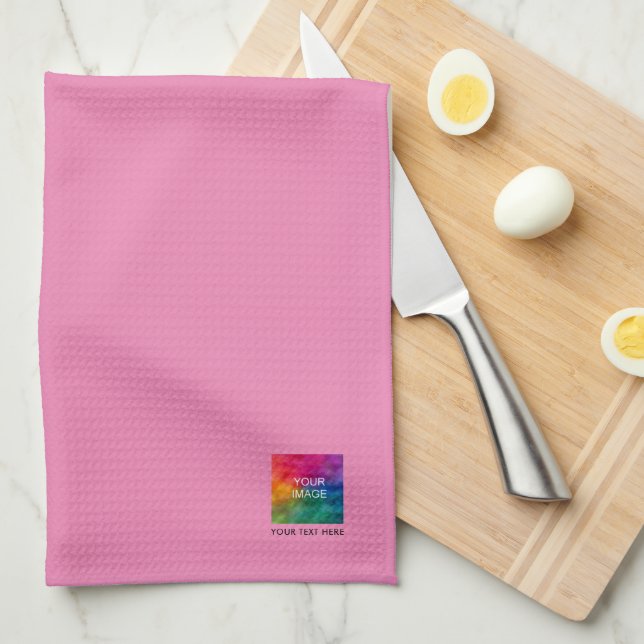 Upload Photo or Logo Text Custom Trendy Pink Cute Tea Towel (Quarter Fold)
