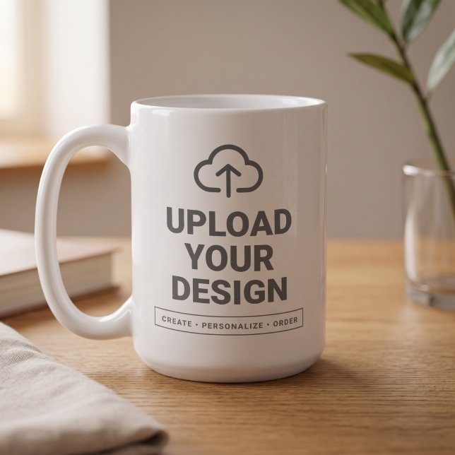 Upload Your Graphic Coffee Mug (Simulated mug on table)