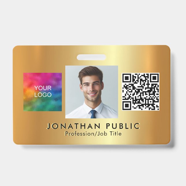 Upload Your Logo QR Code Employee Photo Gold ID Badge (Front)