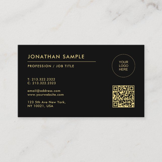 Upload Your Logo Template QR Code Black & Gold Business Card (Front)
