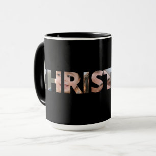 Upload Your Photo in Text Christmas Black Mug