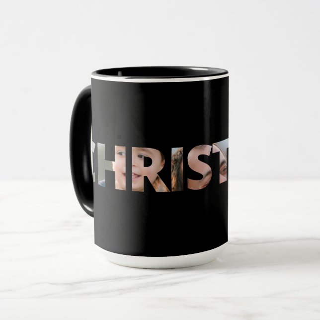 Upload Your Photo in Text Christmas Black Mug (Front Left)