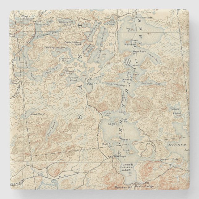 Upper Saranac Lake Detail from Old Topographic Map Stone Coaster (Front)