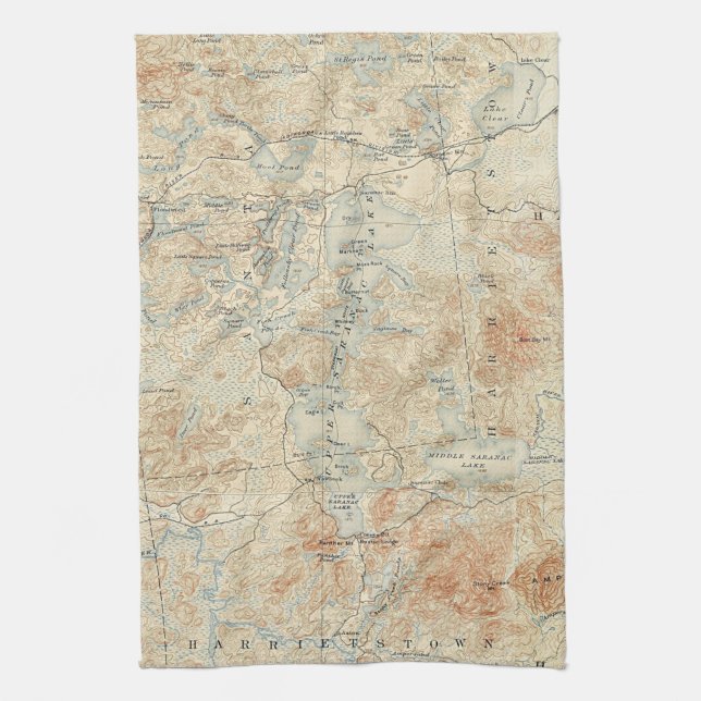 Upper Saranac Lake Detail from Old Topographic Map Tea Towel (Vertical)