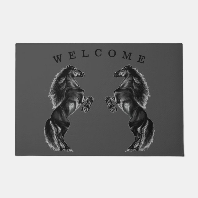 Upright Black Wild Horse - Add Your Text /Colour Doormat (Front)