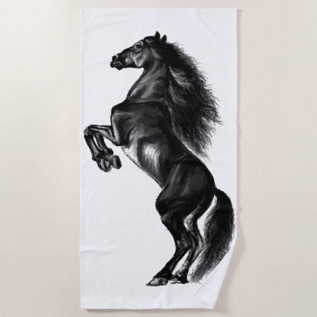 Upright Black Wild Horse - Black and White Drawing Beach Towel (Front)