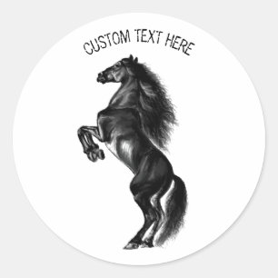 Upright Black Wild Horse - Black and White Drawing Classic Round Sticker