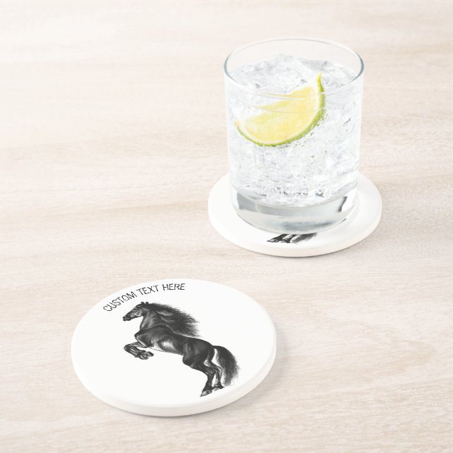 Upright Black Wild Horse - Black and White Drawing Coaster (Side)