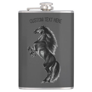 Upright Black Wild Horse - Black and White Drawing Hip Flask