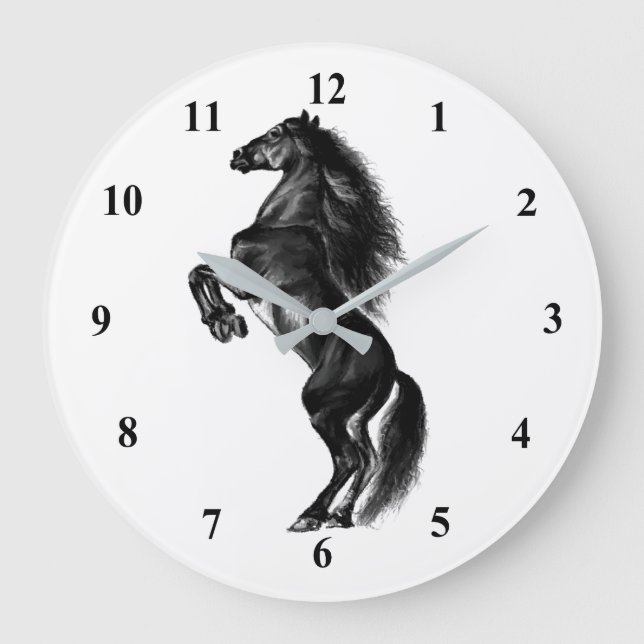 Upright Black Wild Horse - Black and White Drawing Large Clock (Front)