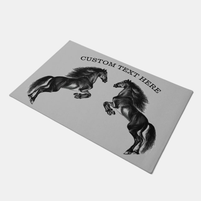 Upright Black Wild Horse Doormat with Custom Text (Angled)