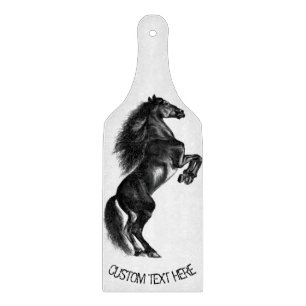 Upright Black Wild Horse - Drawing - Add Your Text Cutting Board