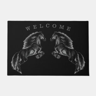 Upright Black Wild Horse - Drawing - Add Your Text Doormat