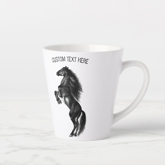 Upright Black Wild Horse - Drawing - Add Your Text Latte Mug (Right)
