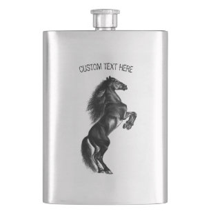 Upright Black Wild Horse Drawing - Custom Text  Hip Flask