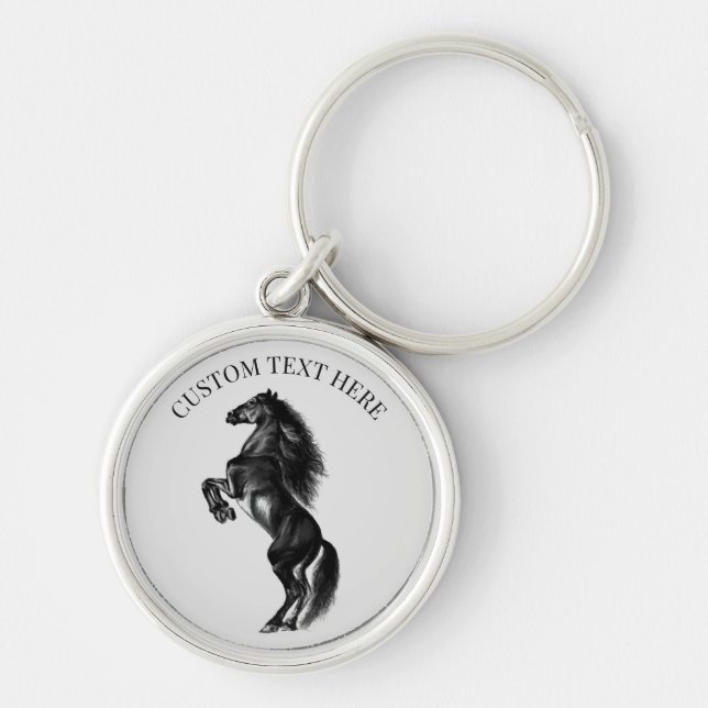 Upright Black Wild Horse Keychain Custom Text Name (Front)