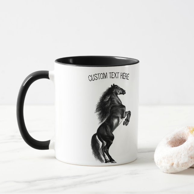 Upright Black Wild Horse Mug with Custom Text (With Donut)