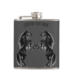 Upright Black Wild Horses - Add Your Text / Colour Hip Flask