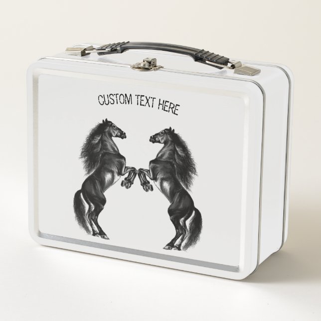 Upright Black Wild Horses - Add Your Text / Colour Metal Lunch Box (Front)